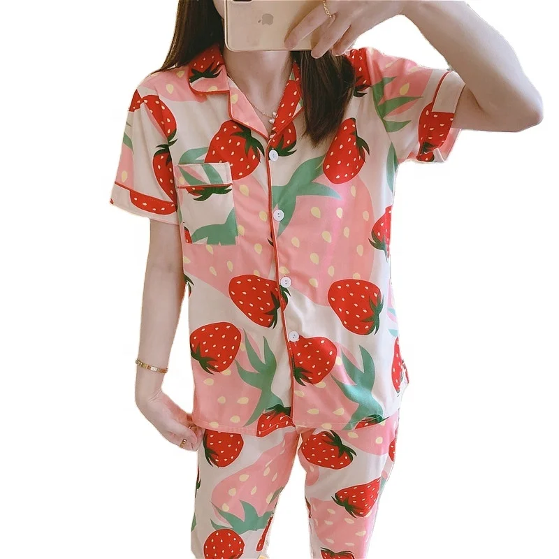 

Women Summer 2 Piece Comfort Pajamas Set Short Sleeve Trousers Cartoon Quality Adult Breathable Pajamas