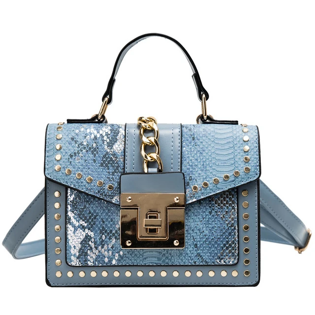

Wholesale fashion designer hand bags ladies shoulder crossbody snakeskin pu leather custom purses and handbags women with rivet, 7 colors