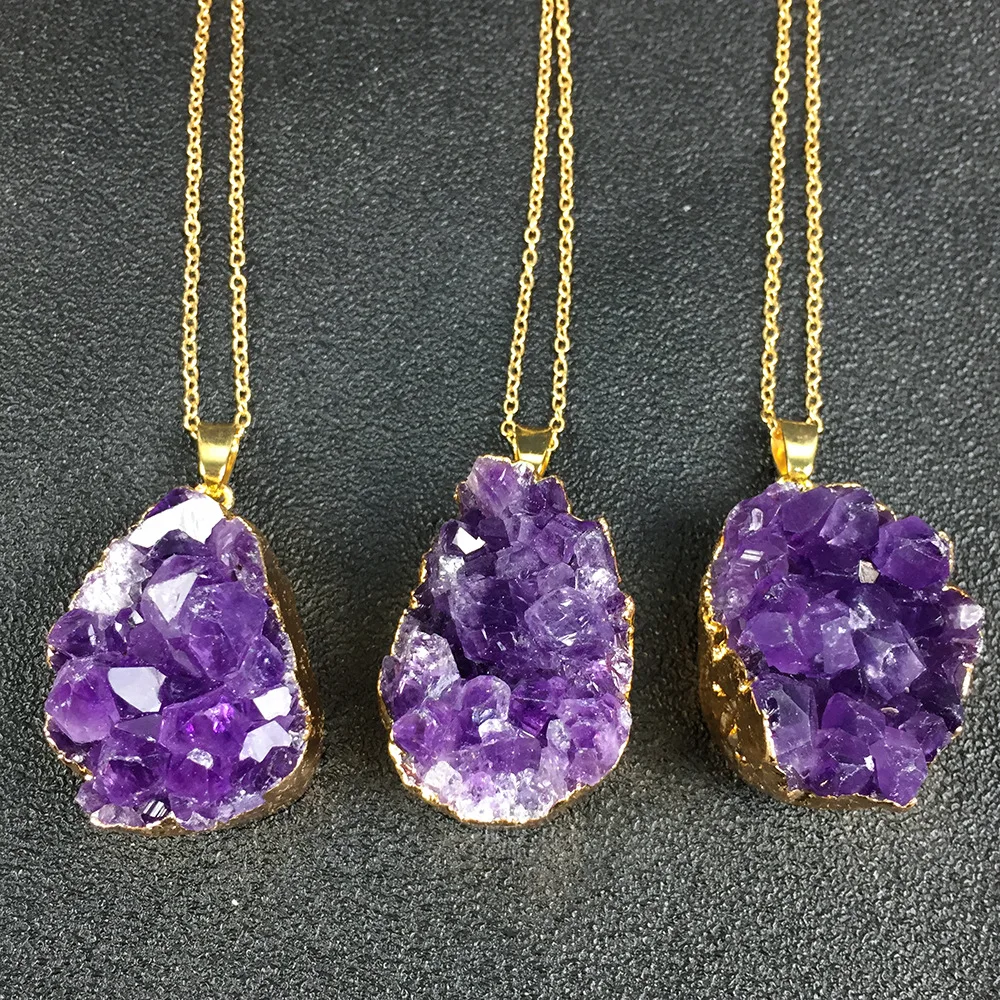 

Natural Stone Crystal Folk Crafts Amethyst Cluster Pendant Raw Gemstone Necklace