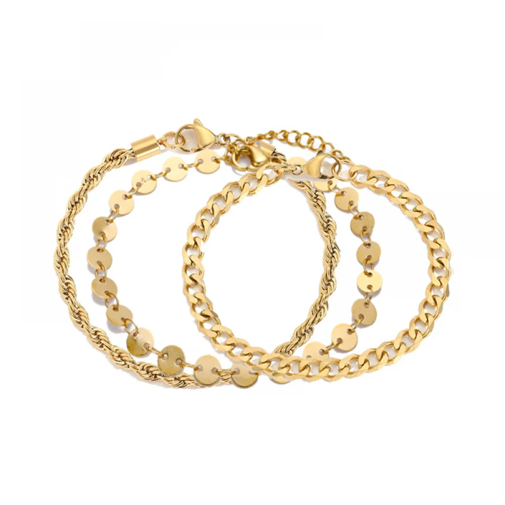 3pcs/set Fashion Jewelry Bracelet Minimalist Jewelry 14K Gold Plated Stainless Steel Cuban Chain Bracelet For Women