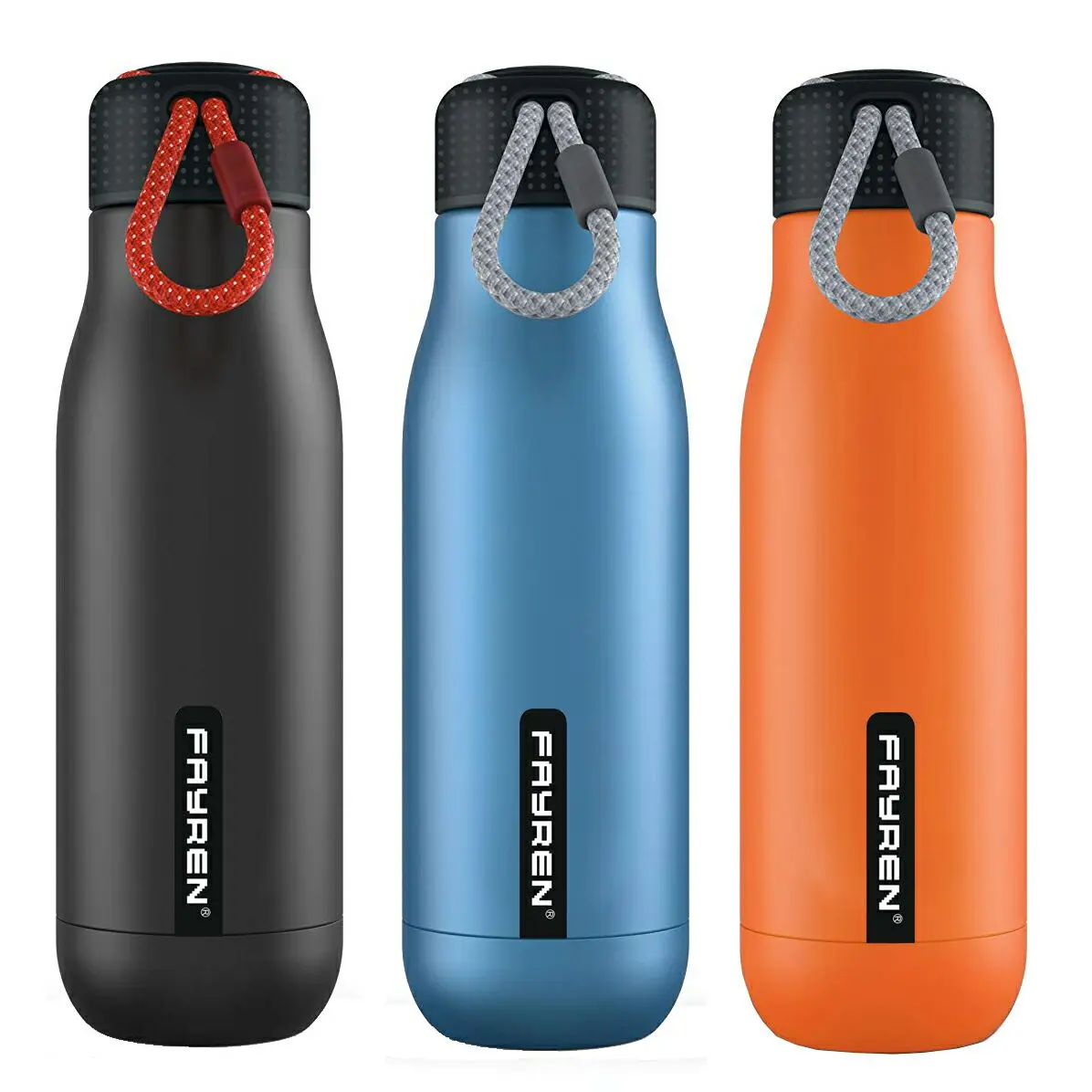 

FAYREN top sales durable 500ml high quality double wall water bottles stainless steel insulated with nylon rope, Sliver,blue,orange,black,matte