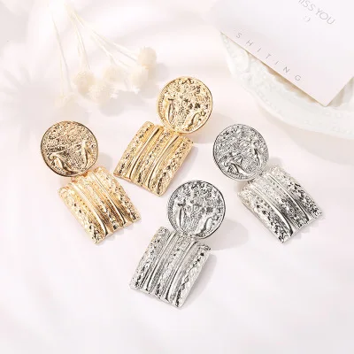 

Hot Sale Geometric Silver Gold Coin Drop Earring Wholesale Round Square Metal Dangle Earring For Women Jewelry, Gold/silver