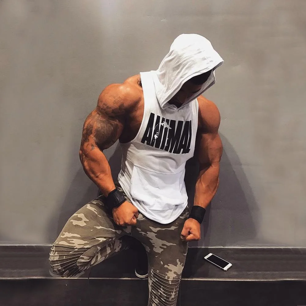 

Workout Hooded Bodybuilding Muscle Cut Off T Shirt Sleeveless Gym Hoodies tank top men fitness, Black, white