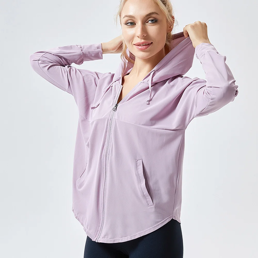 

Spring and autumn sports hooded tops jacket loose women running fitness yoga clothing