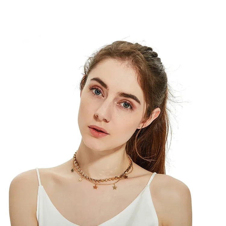 

New Arrival Double Layers Diamond Star Tassel Choker Necklace Gold Crystal Rhinestone Star Pendants Clavicle Chain Necklace