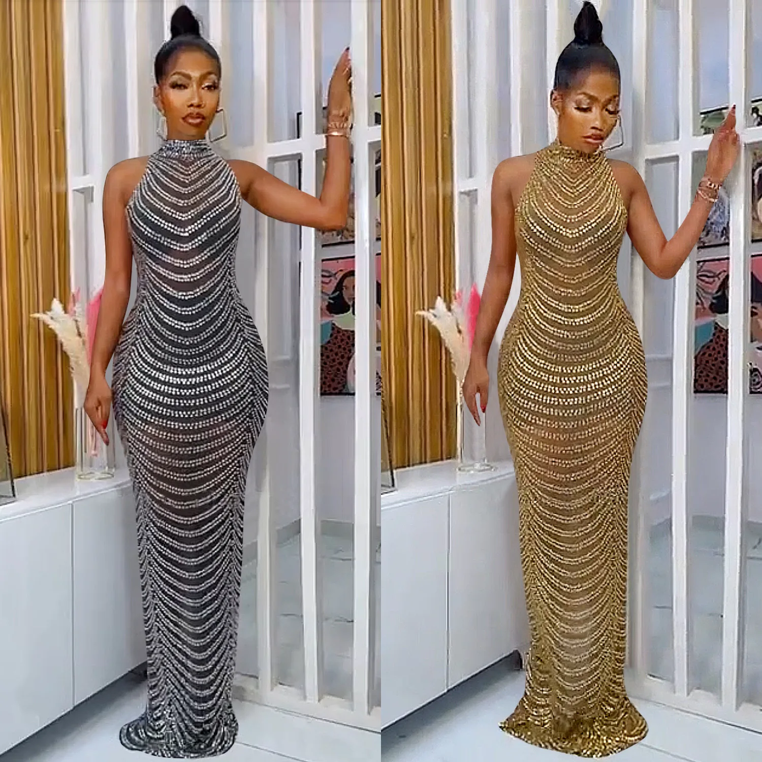 

2021 Fall Winter Ladies Elegant Jersey Dresses Midi Casual Dresses Club Party Wear Luxury Trendy Rhinestone Sexy Dresses