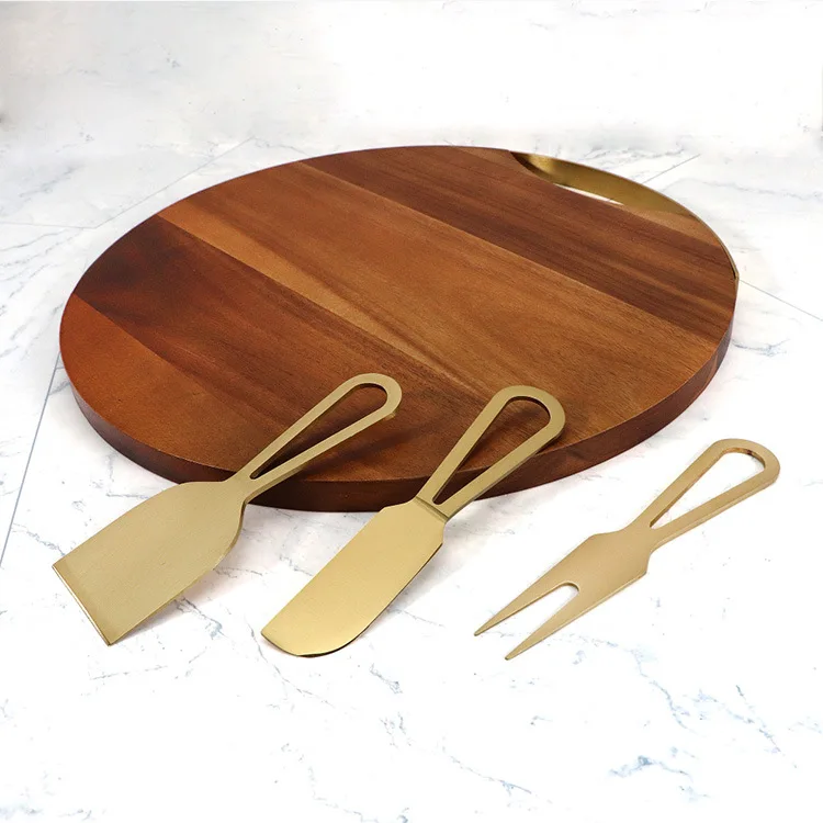 

Natural Housewarming Gift Charcuterie Gold Cheese Knife Set Acacia Wood Cutting Board With Cheese Tools And Magnet