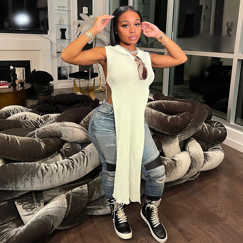

YIWU QIUDUN New Irregular Sleeveless Split Hollow Hooded Split Summer Crop Tops Sexy women T-shirt