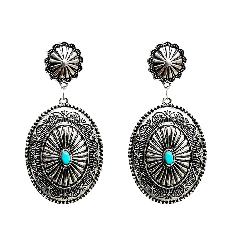 

2022 Exquisite Craftsman Ethnic Style Vintage Pumpkin Flower Turquoise Metal Hoop Earrings