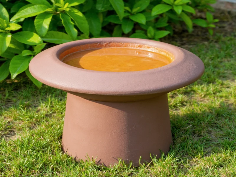 Repurposed ceramic bowl bird bath on flowerpot stand