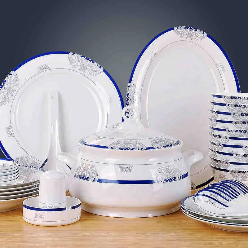 

Jingdezhen ceramic tableware set bowls and plates 56 PCS porcelain Chinese and Korean dishes set, As the photos