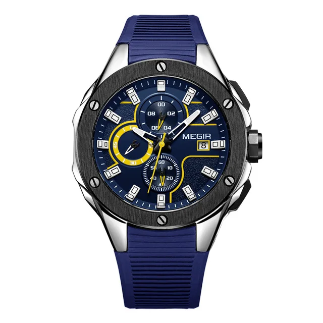 

2021 Trendy Silicone Strap Quartz Day Men Designer Wrist 2053 Water Resistant Sport MEGIR Chronograph Watch