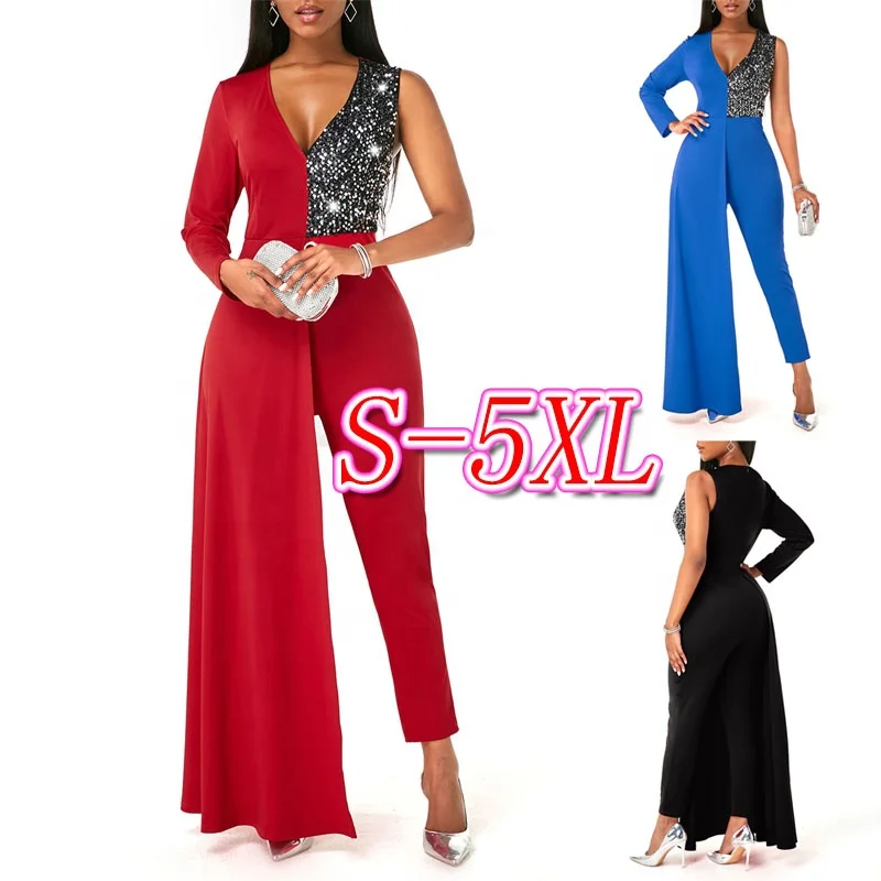 

New Design Fashion Elegant V Neck Asymmetric Slim Women's Sequin Decoration Formal Evening Party Jumpsuit Dress