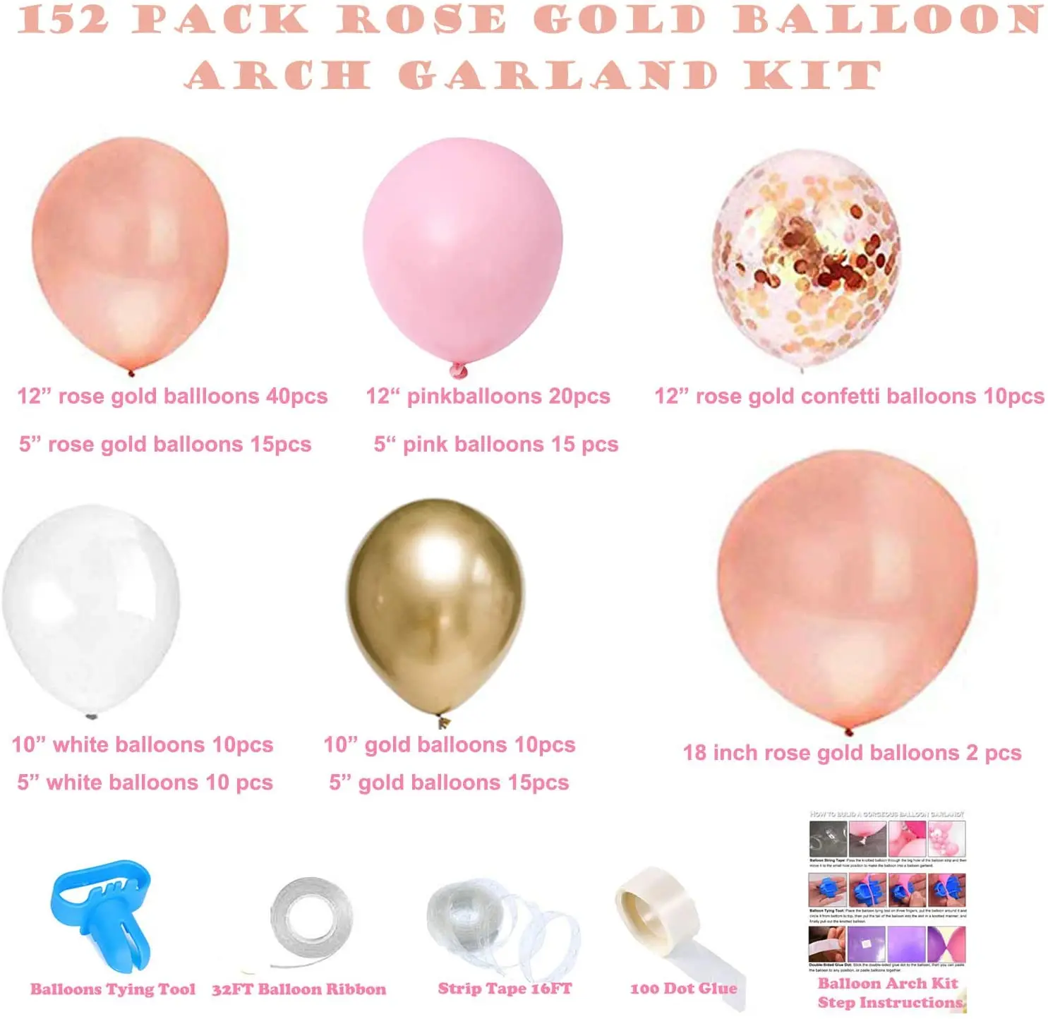 Or Rose Ballons en Latex de Enterrement Ballons avec Gratuit Ruban LEEQ 15 pièces Team mariée Garni de confettis Ballons 