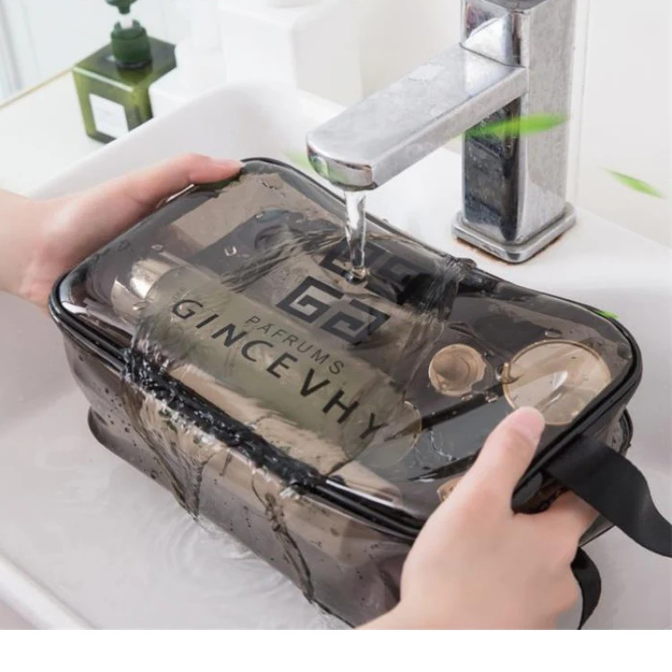

Waterproof Cosmetic travelling Storage sets pvc transparent makeup bag leather wash bag for women, Currant/transparent/grey