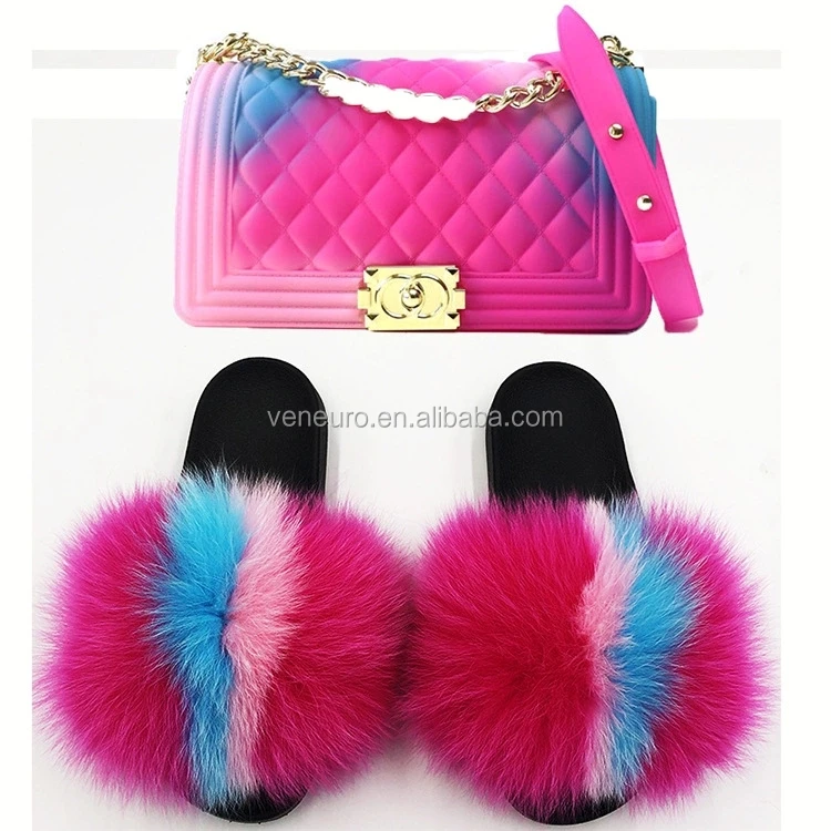 

Factory wholesale pvc slides ladies raccoon fur slippers matched PVC colorful jelly purse women soft real fox fur slides, Customized color