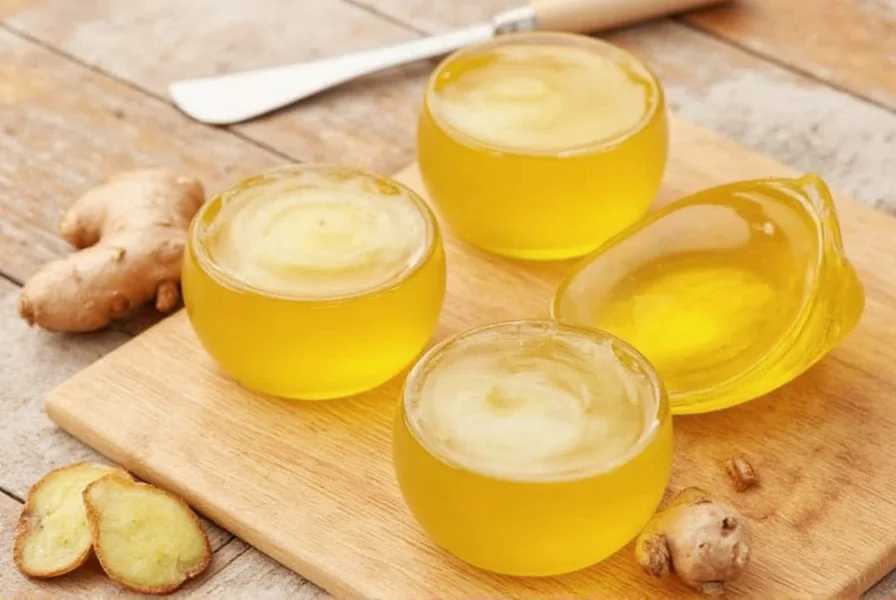 Step-by-step process of making ginger in syrup: fresh ginger being peeled, sliced, simmered in sugar syrup, and stored in glass jars