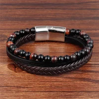 

Multi-layer Stainless Steel Magnet Clasp Tiger Eye Onyx Handmade Braided Genuine Leather Beaded Bracelet for Men