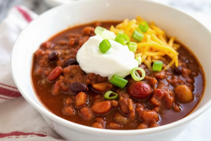Finished crockpot chili served in bowl with toppings like sour cream, cheese, and green onions