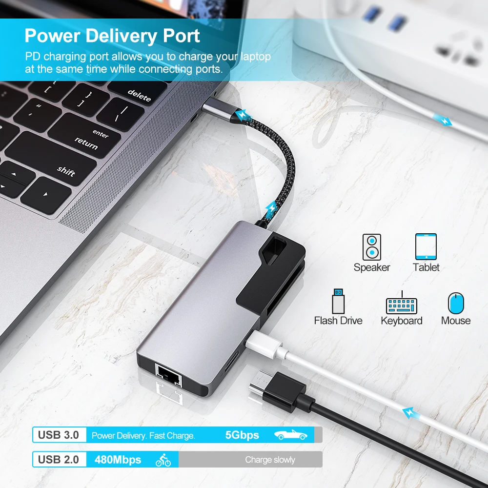 
Raycue OEM/ODM 6 in 1 USB Type C Hub with PD Charging 4K HD-Ml RJ45 Adapter 
