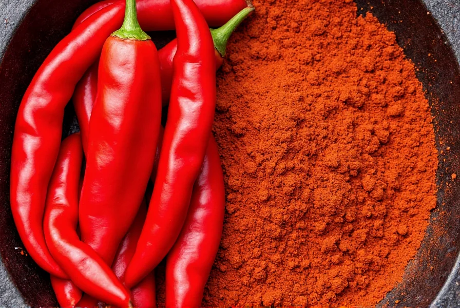 Close-up comparison of fresh red chile peppers next to dried chili powder in traditional Mexican molcajete