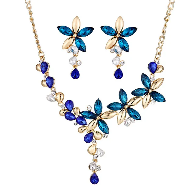 

Womens Short Collar Necklace Jewelry Color Crystal Five leaves Flowers Rhinestone Statement Gothic Necklace Earring Jewelry Set, Red,green,blue,white