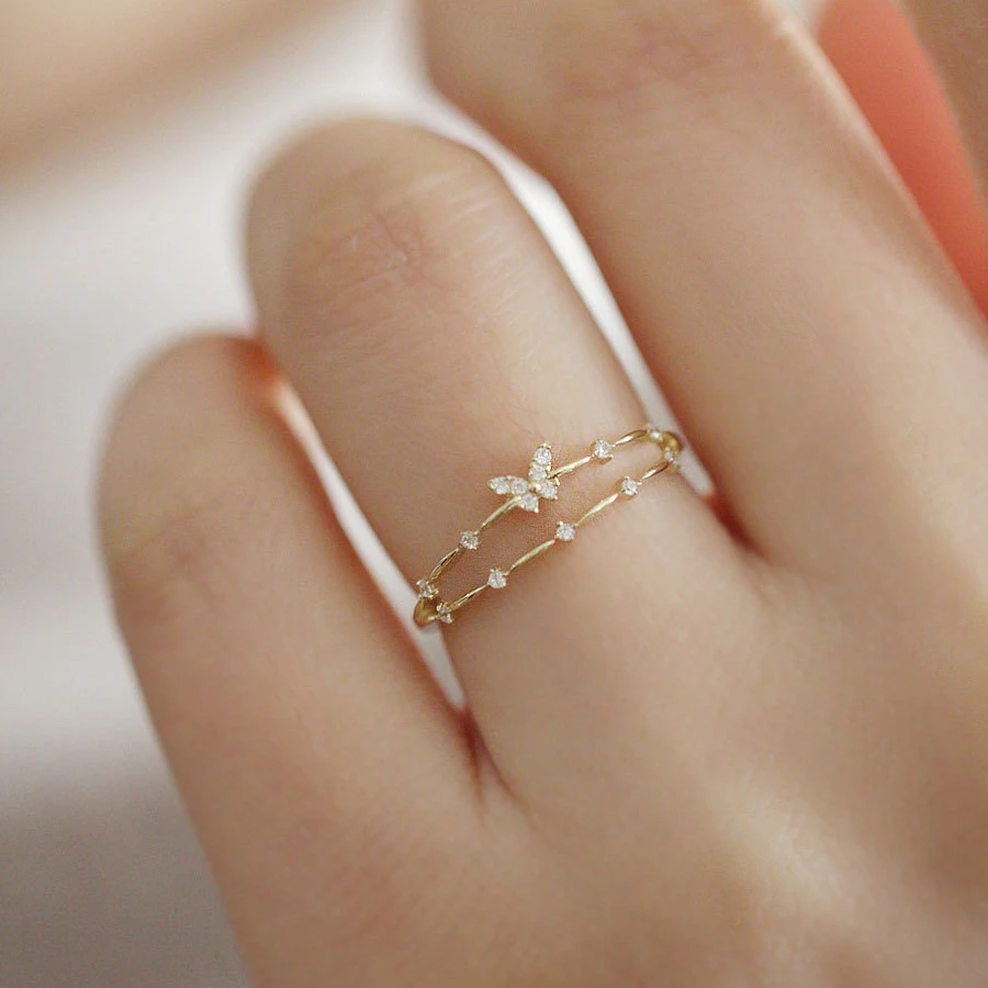 

Wholesale S925 Sterling Silver Cubic Zirconia Rings Double Layer Zircon Gold Plated Butterfly Open Adjustable Ring YF3077