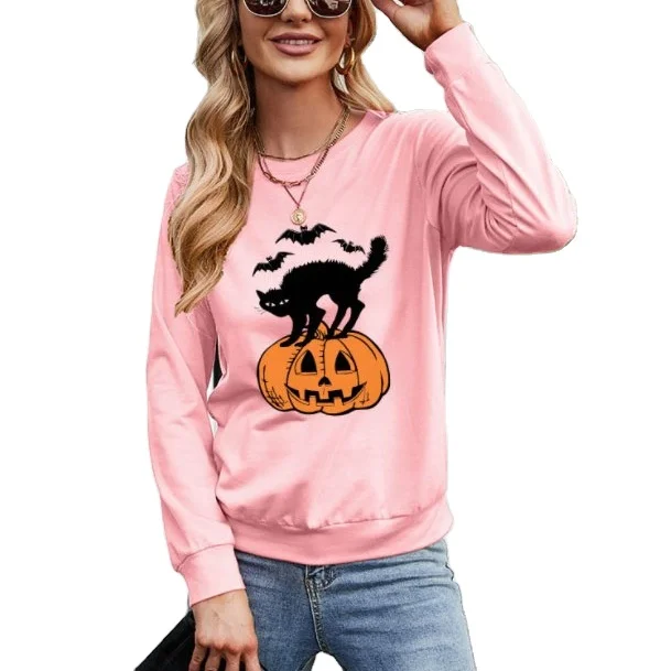 

Wholesale Hot Selling Women Halloween Pink Cat Print Round-neck Long-sleeved New Plus Size Hoodie, Picture showed