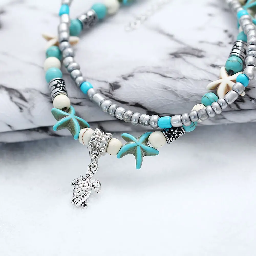 

Wholesale fashion double-decker ankle bracelet, conch starfish, and beach turtle pendant bracelet, Blue