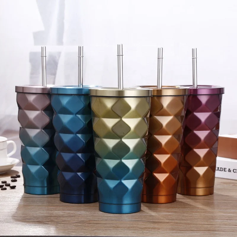 

Stainless Steel Coffee Tumbler With Straw Hot Cold Double Wall Drinking Mug Cup Coffee Travel Mug 500ML Irregular with Lid