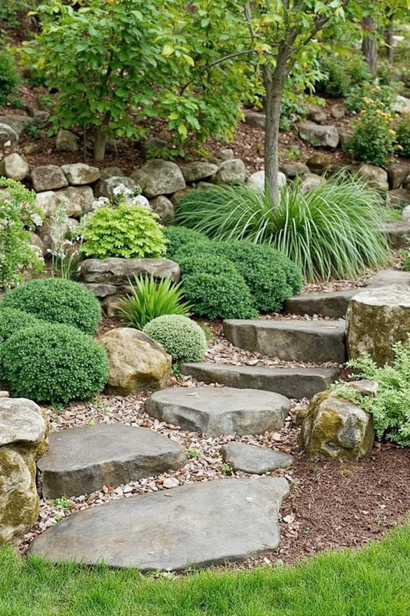 Fairy garden with tiny bridge, bench, and flowers
