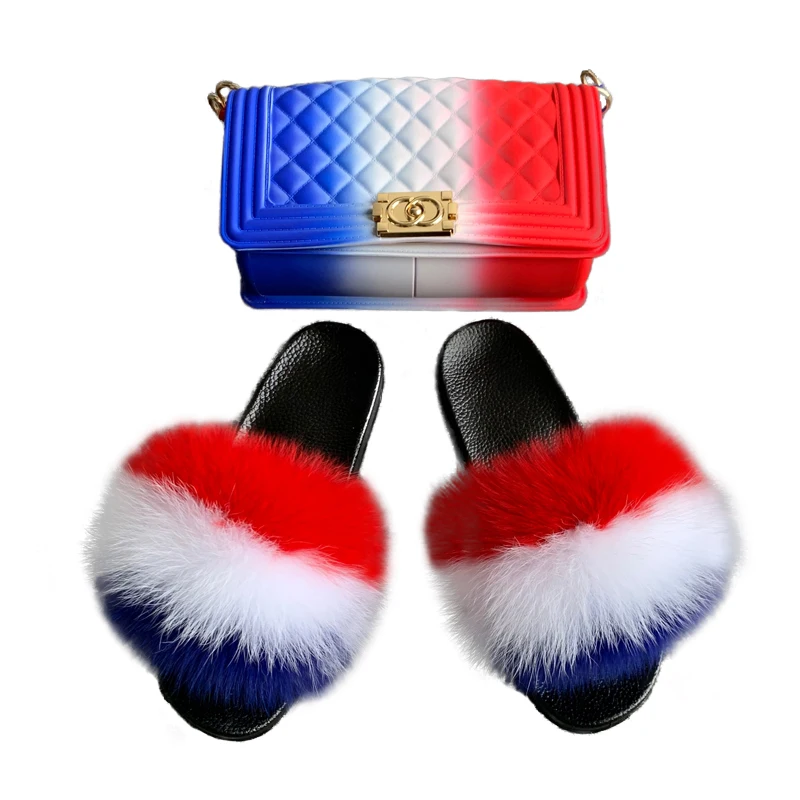 

Summer Fashion Outside Fluffy Real Fox Fur Sandals Customize Real Fur Slippers And Purse Sets, Picture