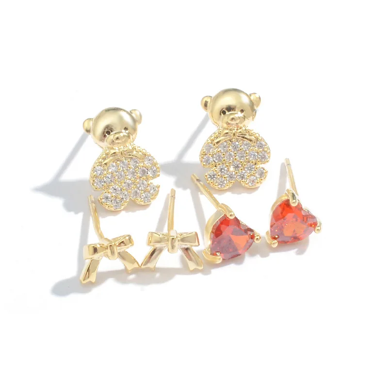 ED64123 Korean 3 pairs set diamond cartoon bear stud earrings fashion gold plated women jewelry