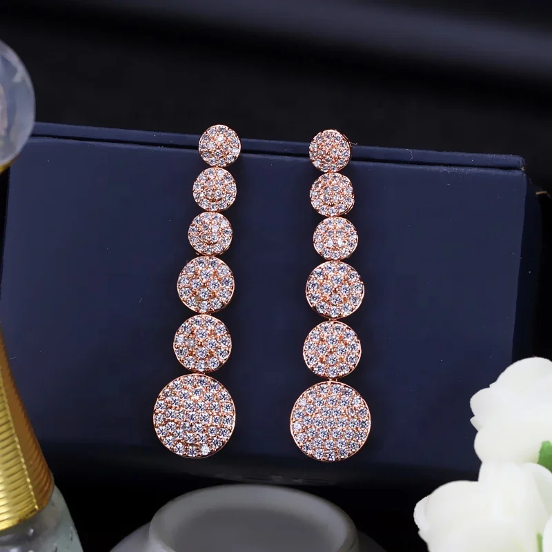 

Luxury Stylish Tiny Cubic Zircon Stones Pave Setting Long Round Drop Earrings Yellow Gold Color Jewelry for Women, Picture shows