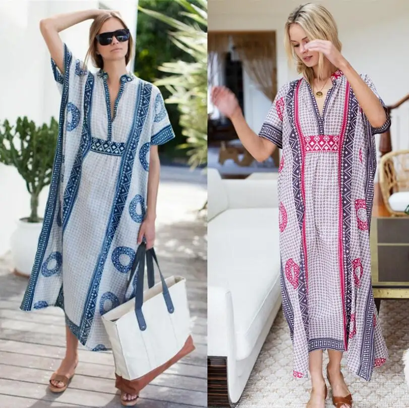 

Women 2021 print Short Sleeve Bikini Swimsuit Cover Up Side Split V neck Beach Kaftan Dresses Beachwear for summer, Picture color