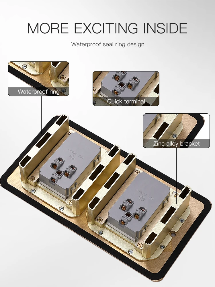 Dual brass concealed floor outlet with customizable modules