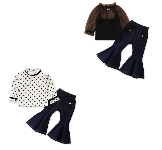 

Girl Autumn fashion Summer long sleeve round collar polka dot shirt bell bottom jeans suit two pieces set kids clothing for 2021, As pic shows, we can according to your request also