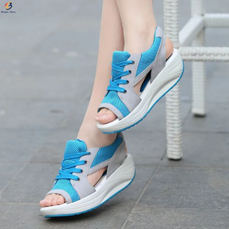 

New arrival breathable mesh lace up ladies women's casual shoes wedge sandals latest sports sandals