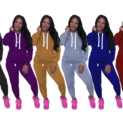 

W8757 Fall boutique outfits two piece set fashion solid color hooded sweatshirt