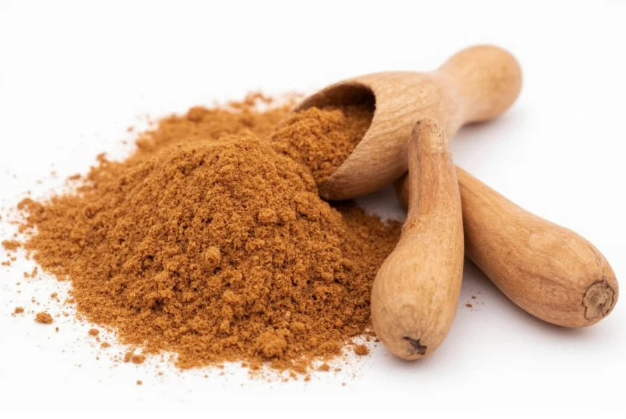 Close-up of whole nutmeg seeds next to freshly grated nutmeg on a wooden spoon