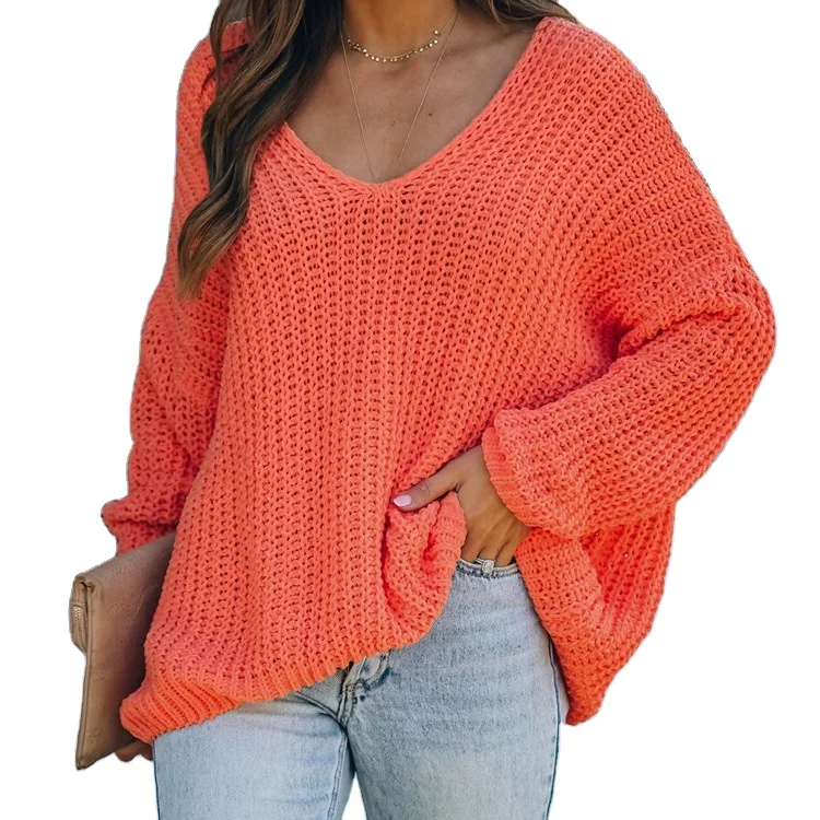 

Autumn winter new products Ladies Clothing Outerwear V-neck Long Sleeve solid color Knitted Sweater Pullover Sweater for Women