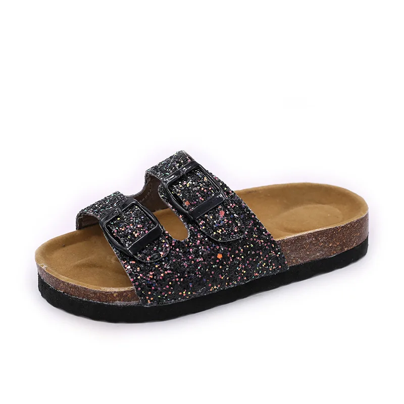 

Hot sale ladies cork shoes glitter sandal slides for women