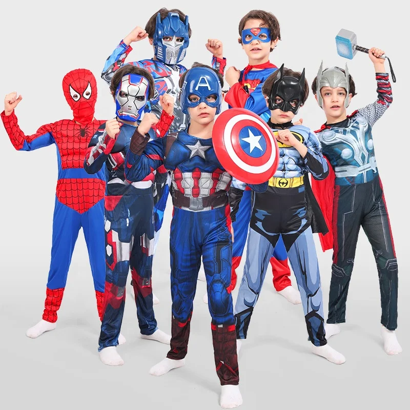 

Custom TV&Movie Cosplay Boy Halloween Party Jumpsuit Spiderman Iranman Captain Muscle Bat Kids Superhero Costumes