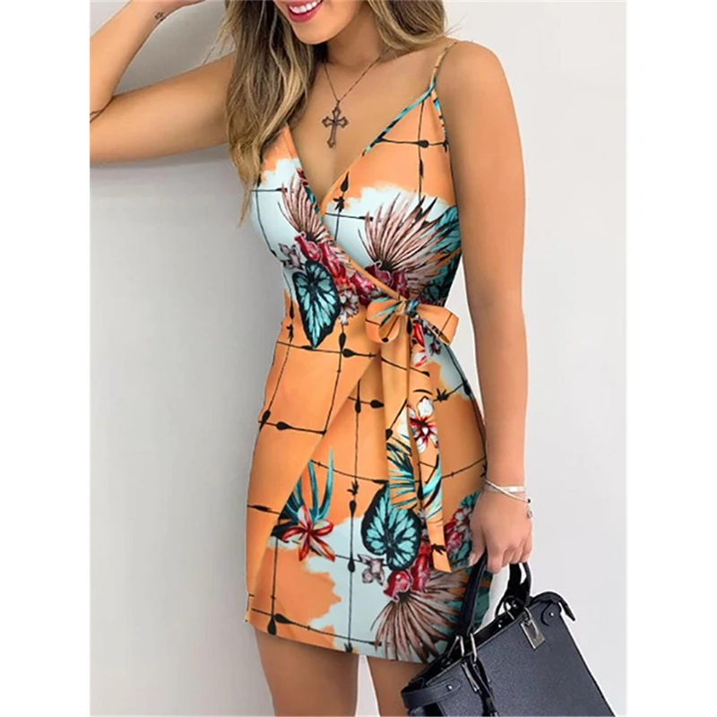 

Tropical Print V-neck Wrap Casual Dress Women Sleeveless Summer Holiday Mini Dress