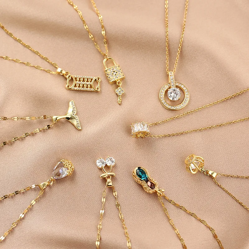 

gold plated stainless steel jewelry cz zircon Pendants cherry crown lock key peanut choker necklace