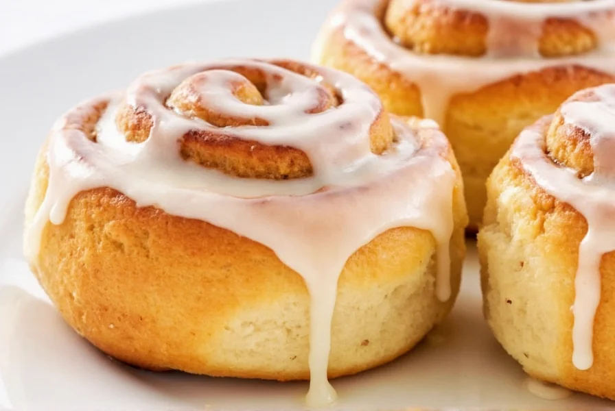 Close-up of golden brown yeast-free cinnamon buns with cream cheese glaze dripping down the sides on a white ceramic plate