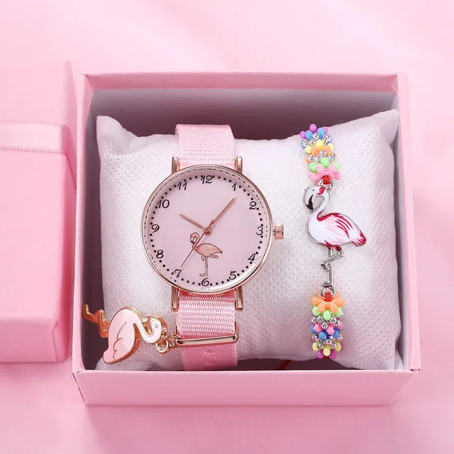 

Fashion girls gift pink unicorn flamingo quartz bracelet 2pcs set kids watch