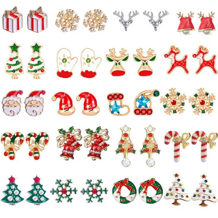 

SC 20 Pairs Xmas Earrings Set Cute Snowman Snowflake Christmas Stocking Hat Tree Elk Christmas Stud Earrings Set for Women 2021, Silver, gold