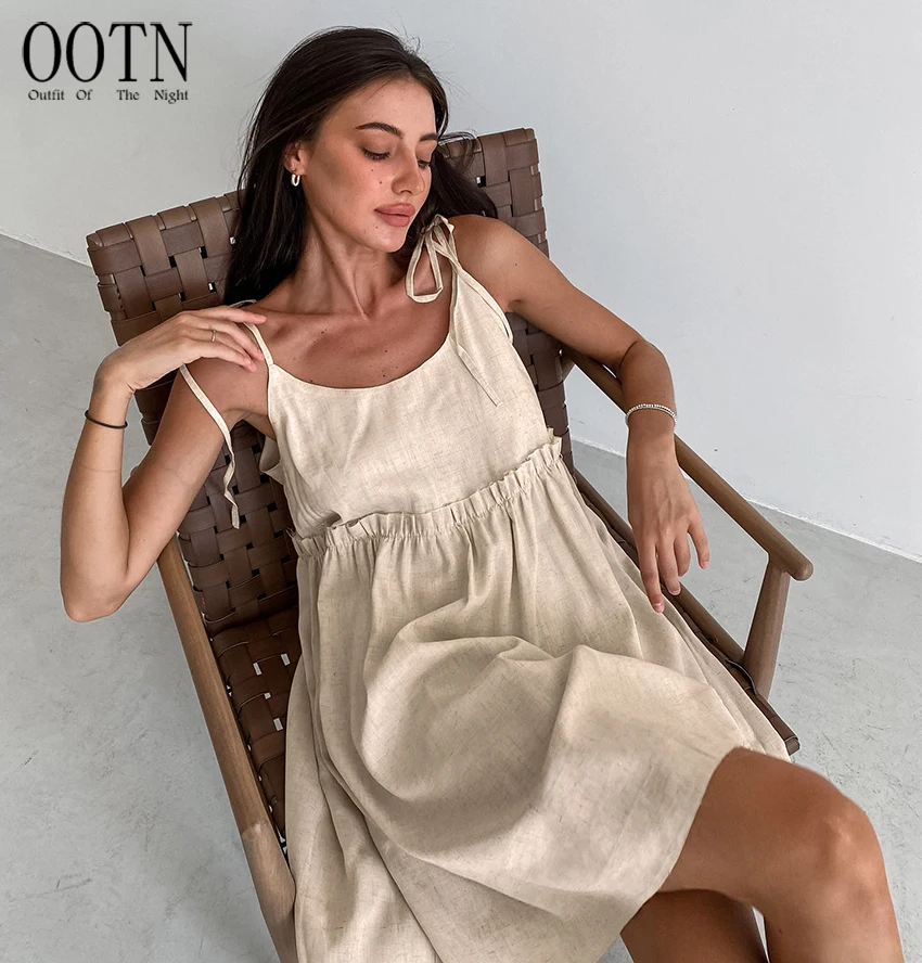 OOTN Fashion Ruched Lace-Up Sexy Mini Dresses 2023 Women Elegant Spaghetti Strap A-Line Loose Dresses Summer Khaki Linen Dress