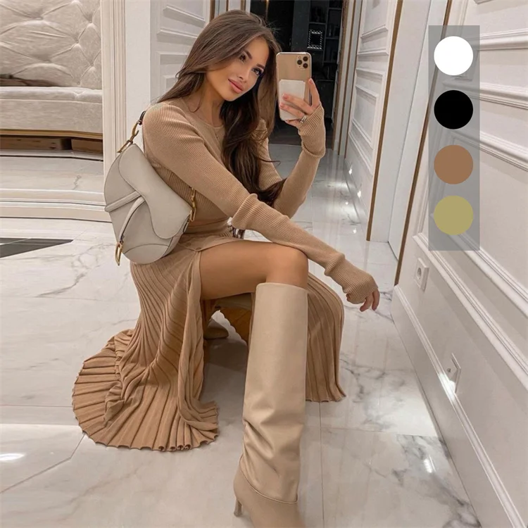 

Fashion Winter Bodycon 2 Piece Ribbed Knitted Sweater Crew neck Women Set Female Elegant Women's Casual Dresses